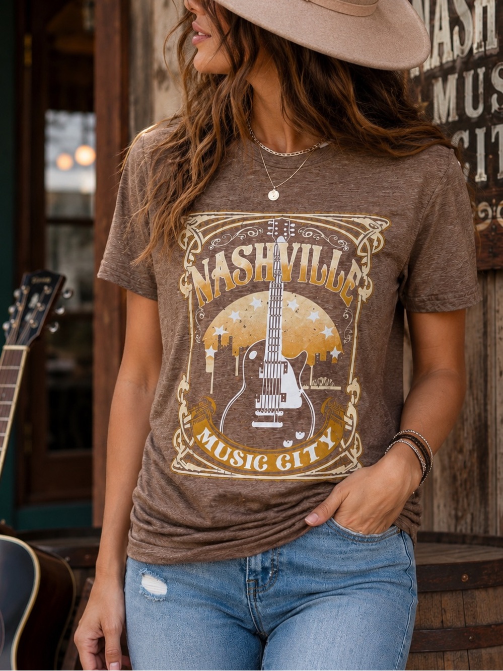 Nashville Music City Guitar Graphic Tee Women’s M Brown Vintage Country Western